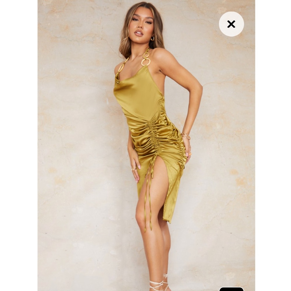 Pretty Little Thing | Olive Satin Halterneck Ring Detail Ruched Midi Dress